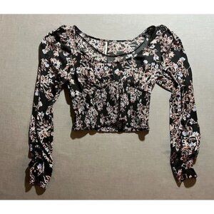 Free People‎ Shirt Women Small Black Floral Long Sleeve Pullover Blouse Ladies.